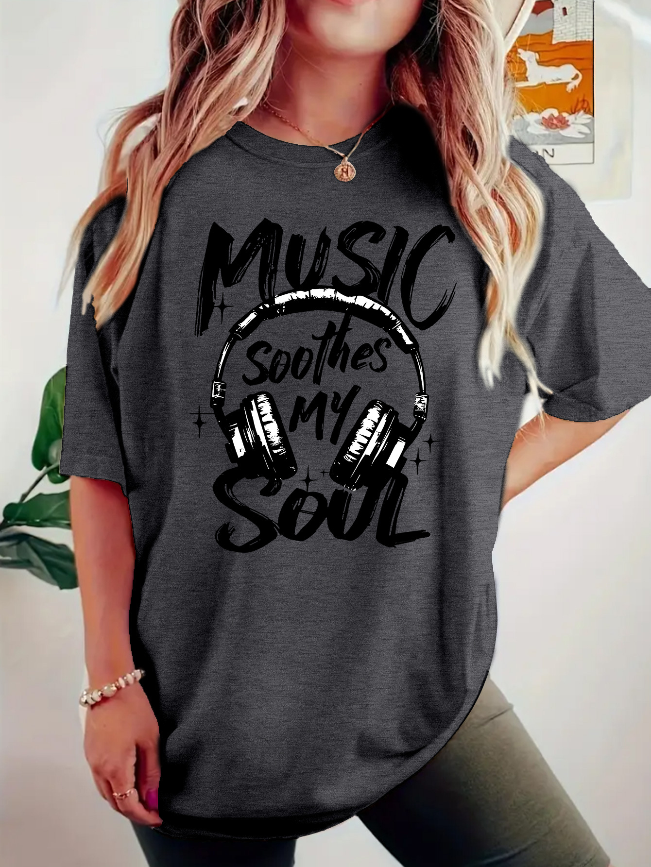 European and American Fashion Music Soothes My Soul Letter Slogan Print Fashion Loose Casual Short-Sleeved Round Neck T-Shirt