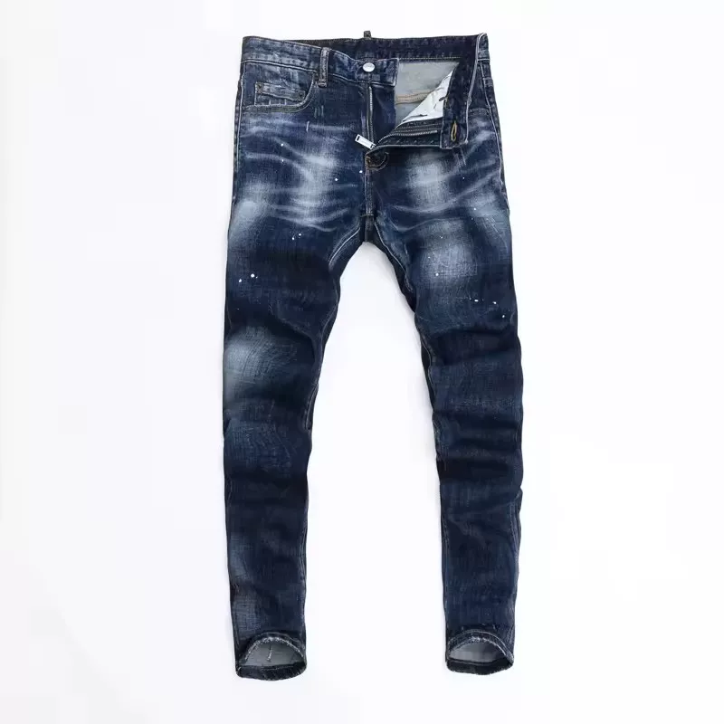 European and American High-End Quality Micro-Elastic Washed Personalized Inkjet Slim-Fit Nightclub Fashion Ripped Jeans for Men