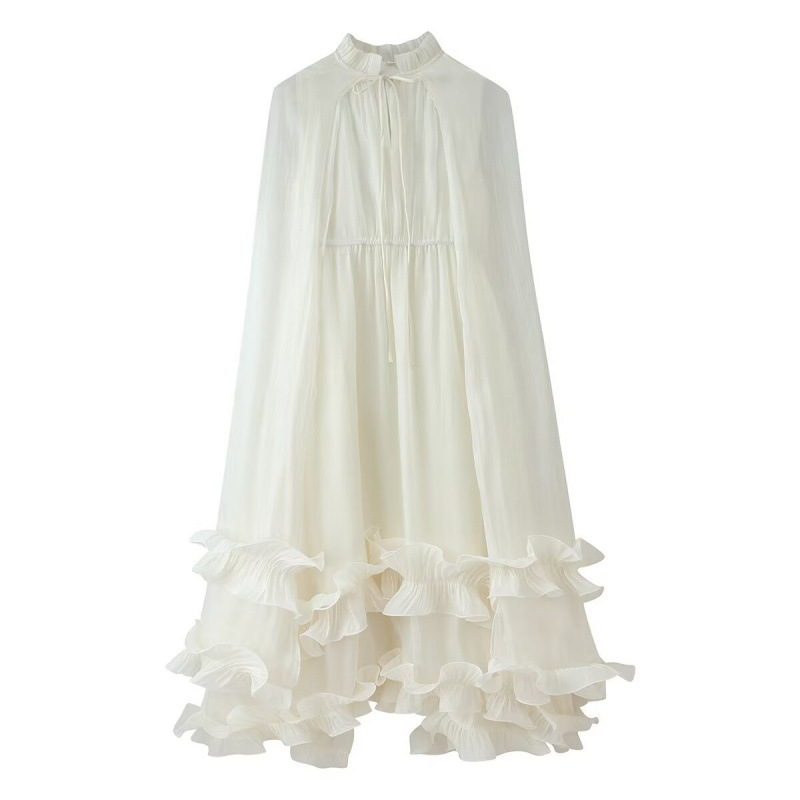 Cross-Border Women's Clothing Wholesale 2026 Spring European and American Style Stand Collar Ruffle Hem Slit Long Dress