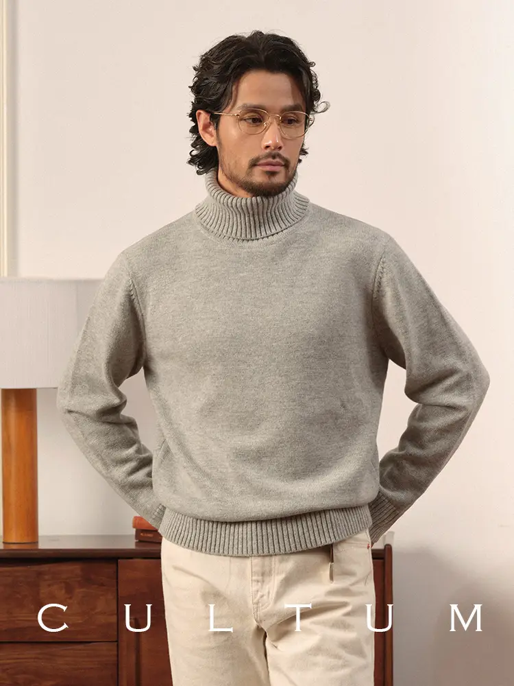 Cultum Merino Wool Retro Turtleneck Sweater Men's Long-Sleeved Pure Color Autumn and Winter Thickeneded Pullover Loose Top