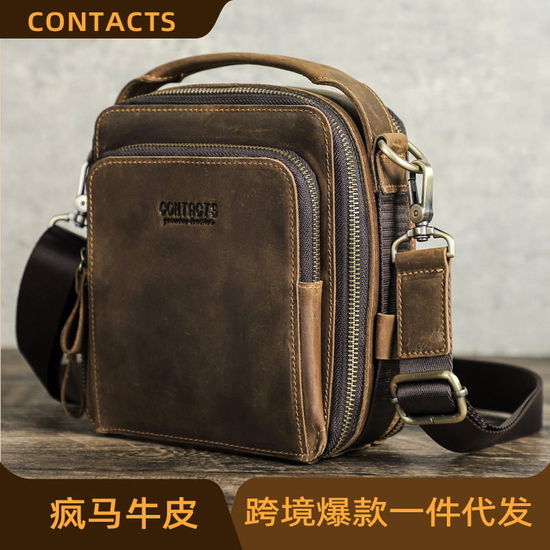 Black Angel Head Layer Cowhide Casual Multi-functional Men's Shoulder Crossbody Bag Multi-compartment Zipper Bag Men's Handbag