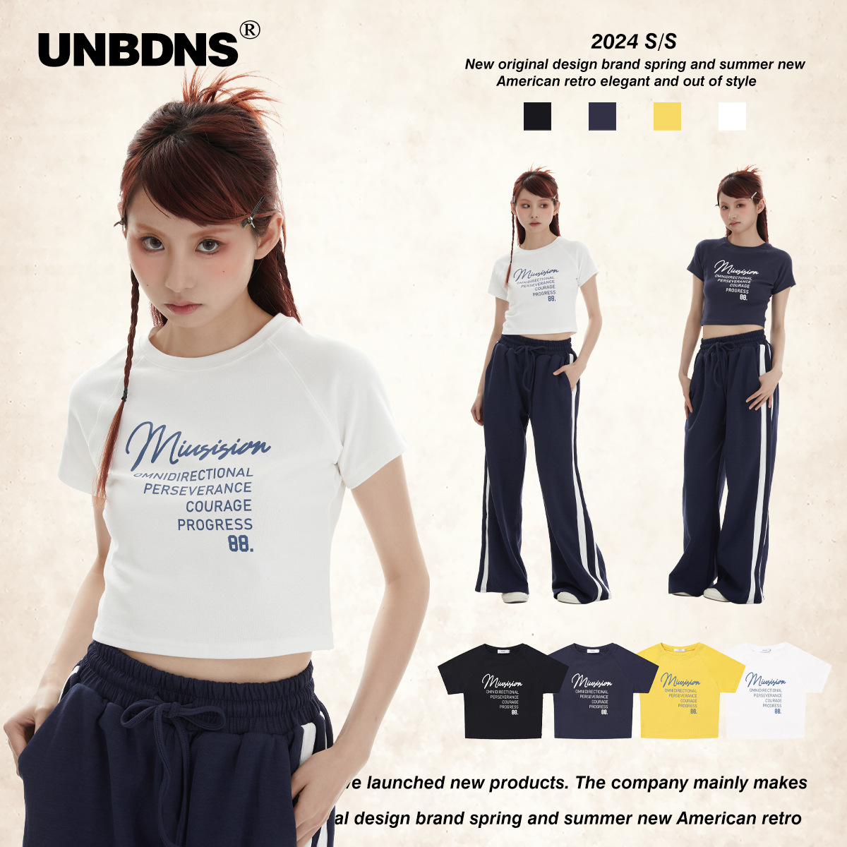 UNBDNS American-style Retro Letter Printed Short-sleeved T-shirt Women's Summer Spice Girls Slim-fit Slimming Navel Short Top