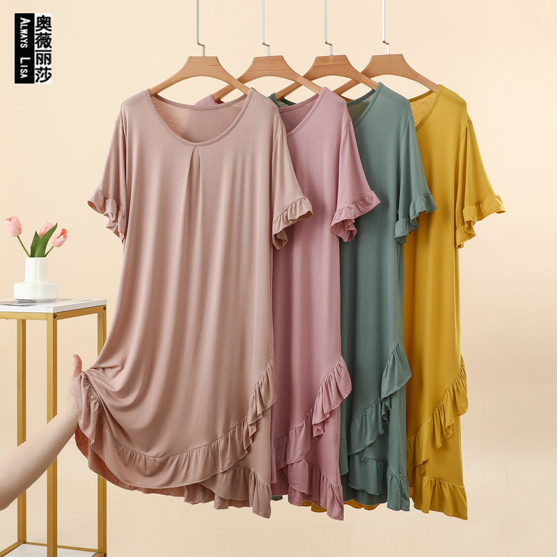 Summer Modal Pleated Round Neck Short-Sleeved Nightgown with Ruffled Hem, Loose Plus-Size Slimming Home Dress