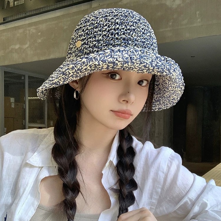 Jintaide Fashion Lazy Style Handmade Woven Straw Hat for Women, Summer Beach Vacation Breathable Hollow Fisherman Hat Sun Hat
