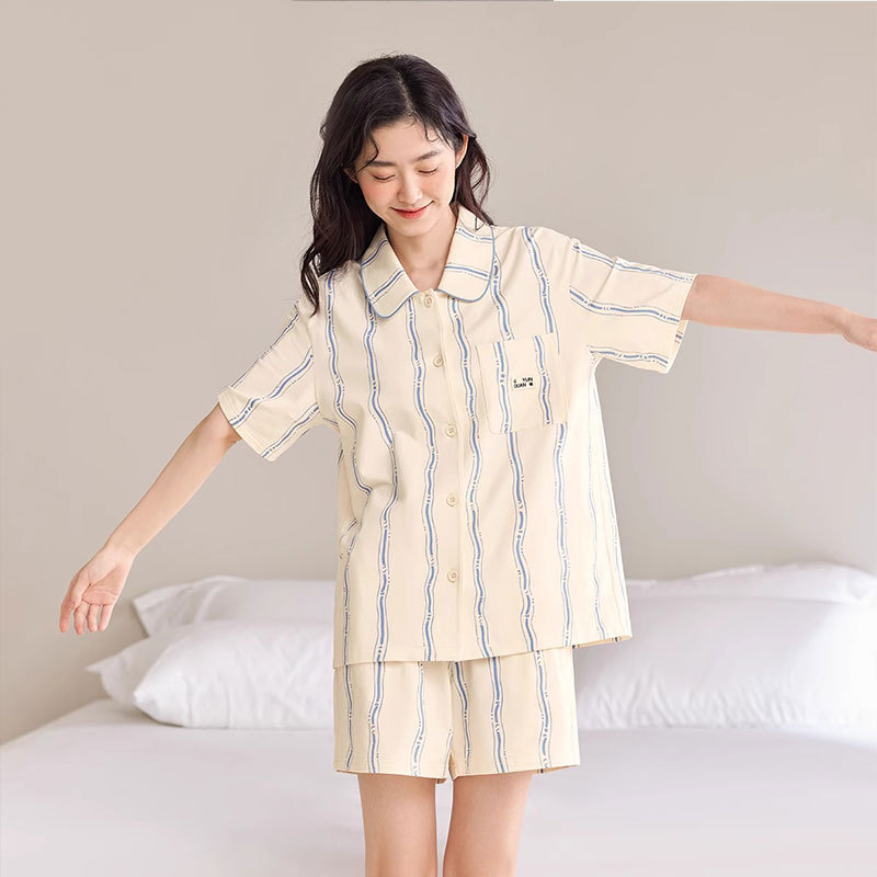 Fresh Striped Pajamas for Women Summer Korean Style Simple, Cool and Comfortable Women's Doll Collar Casual Home Wear Set