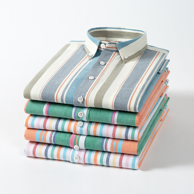 TikTok Explosions Spring and Autumn Men's Pure Cotton Oxford Long Sleeve Striped Shirt Fashion Youth Trendy Single Wear Top