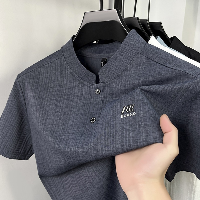 Summer New Style Stand-Up Collar Short-Sleeved T-Shirt for Men, Breathable, Casual, Elastic, Half-Sleeved, Fashionable and Versatile Men's Clothing for Young and Middle-Aged People