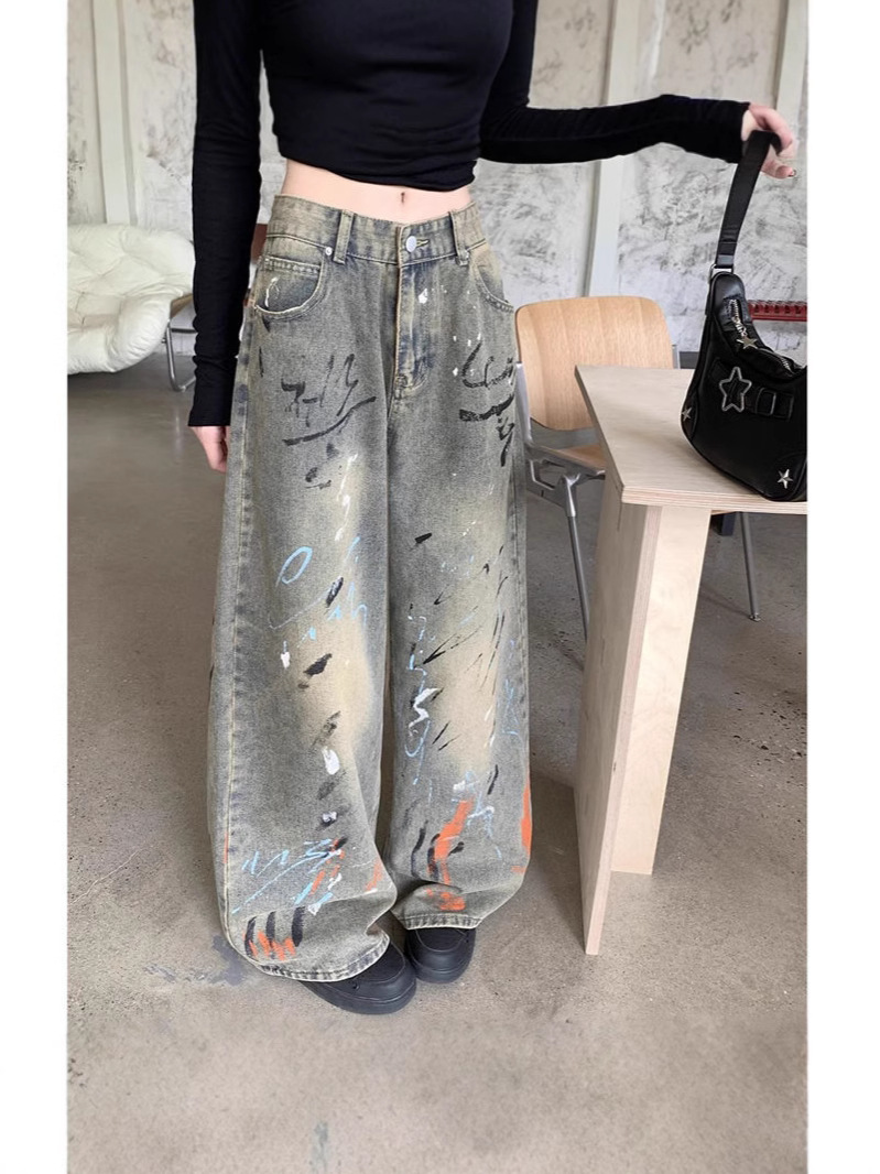 Vintage 2026 Spring and Autumn Graffiti Print Straight-Leg Jeans for Women, Petite High-Waisted Loose Floor-Length Wide-Leg Pants Trend