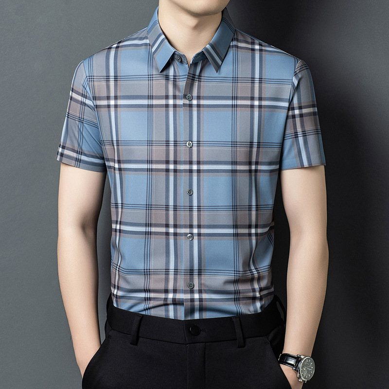 Summer Silk and Linen Men's Short-Sleeve Shirt, Fashionable Plaid Casual Top, Wrinkle-Free Trendy Shirt for Young and Middle-Aged Men