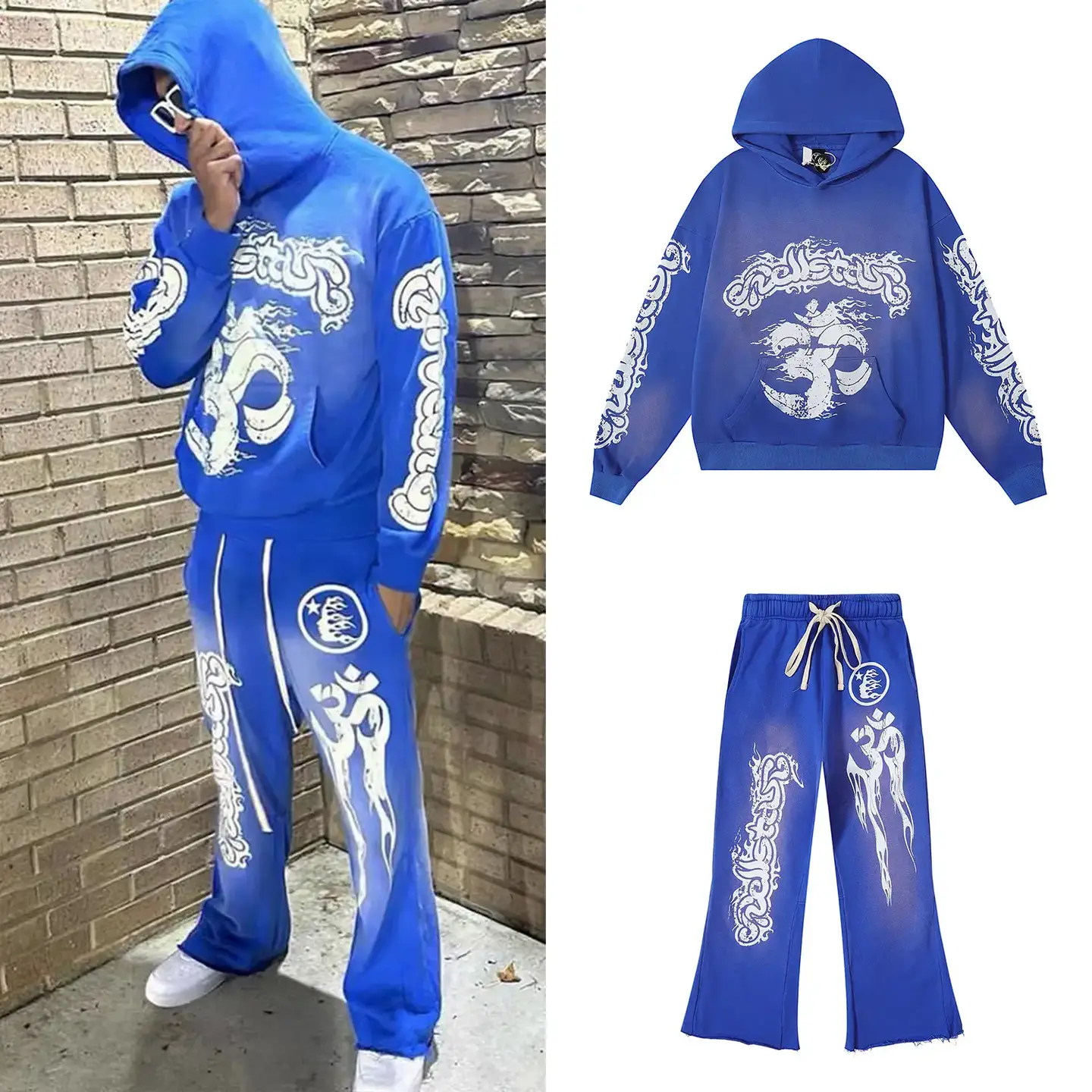 American Street Fashion Brand Heavy Trap Avatar Letter Printing Washing Water Old Loose Hooded Sweater Hoodie suit