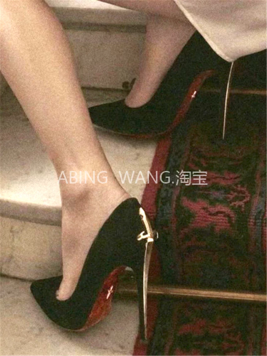 Yujie 25 New Style Genuine Leather Sharp Blade Scepter Stiletto Frosted Pointed Toe Red Sole High Heels 12cm Black Women's Flats Sword Foto QC de TAOBAO na Qualit.ly