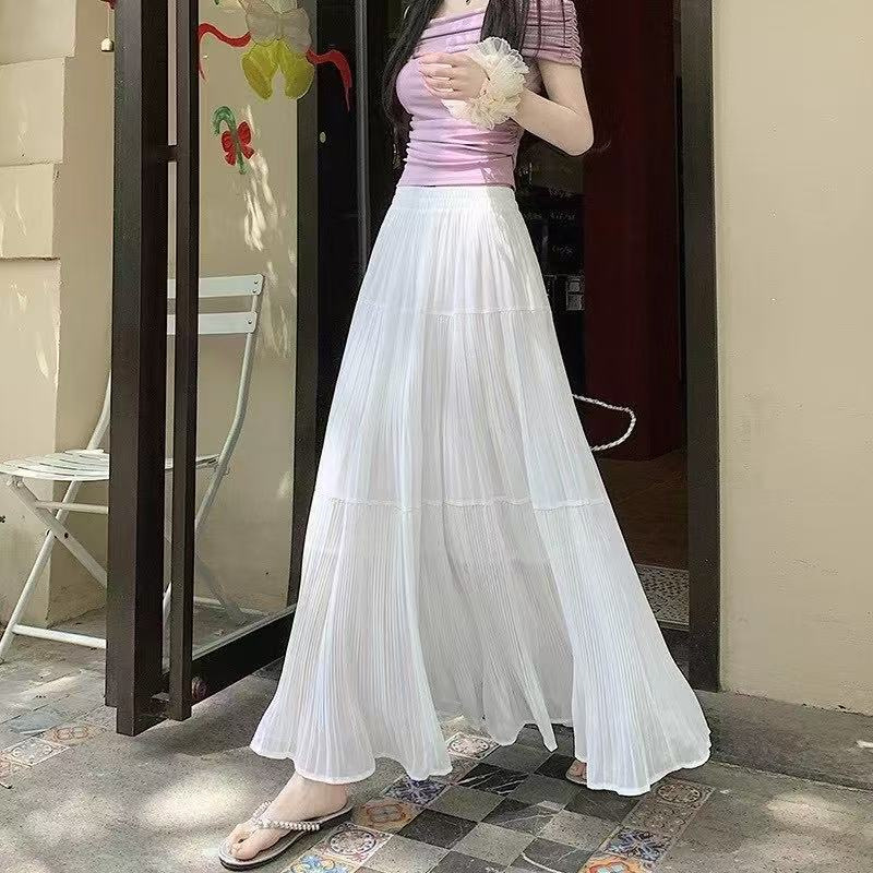 High-Waisted Commuter Skirt for Women, Summer New Style, Elegant and Drapedy Chiffon Skirt, A-Line Skirt, Hip-Covering, Fashionable and Versatile Long Skirt