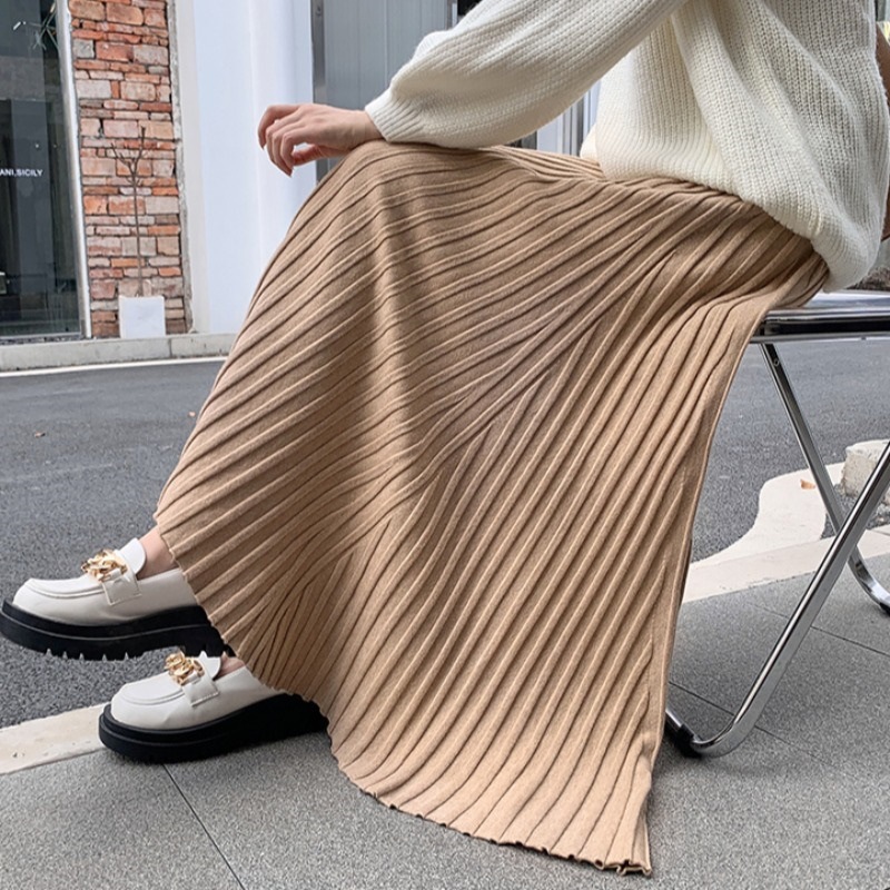 Kaning Lazy Style Versatile Knitted Umbrella Skirt 2026 Autumn New High-Waisted Slimming Ribbed A-Line Skirt