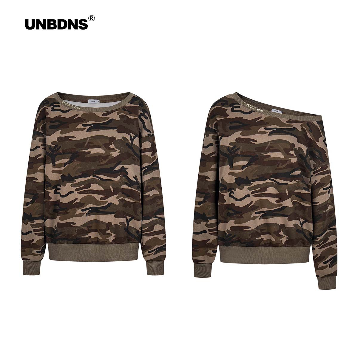 Unbdns American Retro Camouflage Slanted Shoulder Short Sweatshirt Women's Autumn and Winter Versatile Casual Design Short Top Ins
