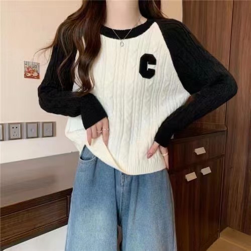 Contrast color twist sweater for women 2023 autumn and winter New lazy style design knitted bottoming shirt soft and glutinous top