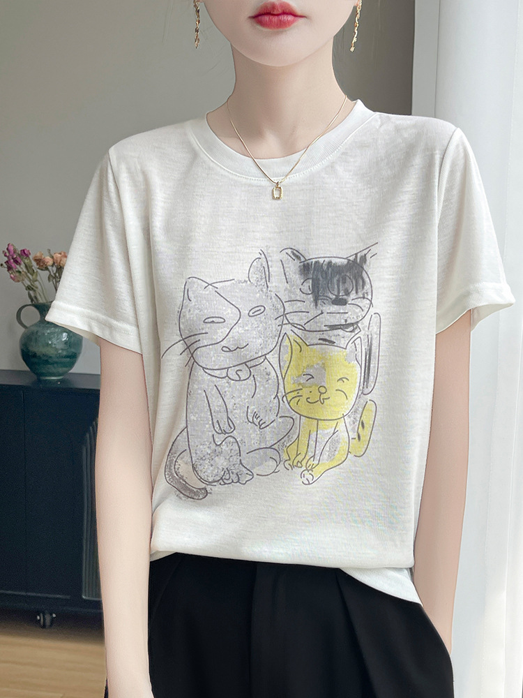 Korean-Style Casual Youthful Cartoon Cat Print Round Neck Short-Sleeve Women's 2026 Summer Thin Loose Versatile T-Shirt Top