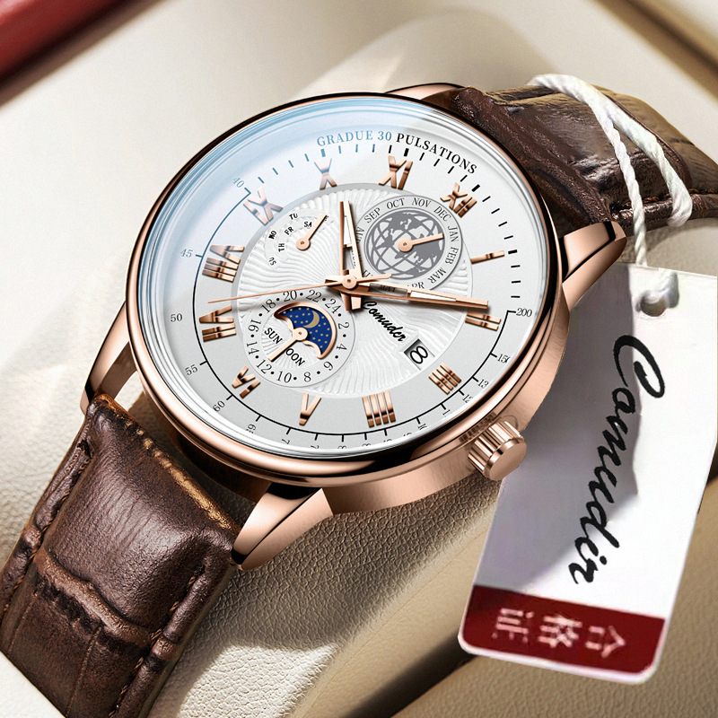 Hot cross-border three-eye six-pin business belt watch men's quartz watch waterproof men's watch trembles a generation of hair