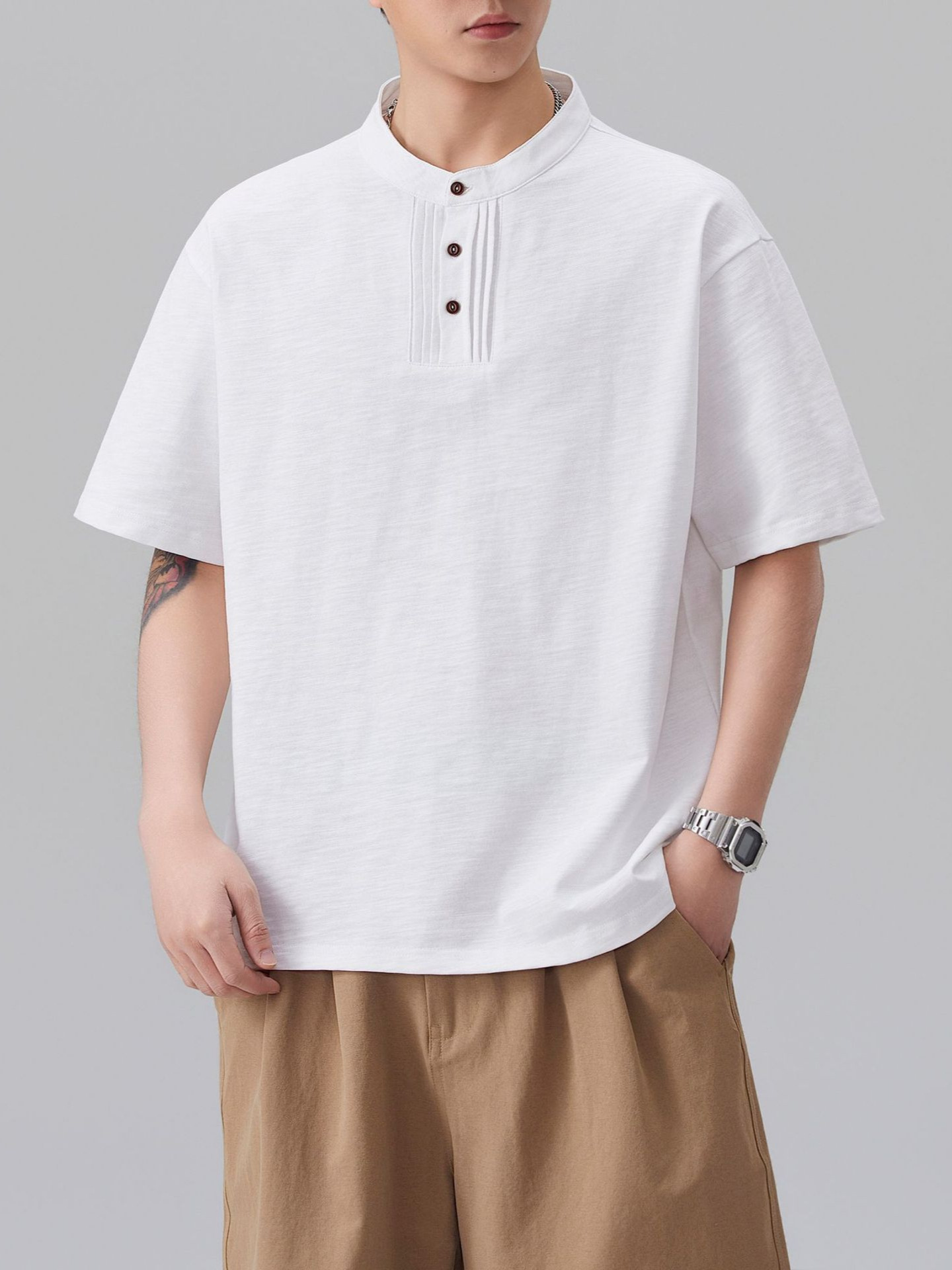 Summer New Style Pure Cotton Henry Collar Short-Sleeved T-Shirt for Men, Trendy Solid Color, Versatile, Loose, Casual Half-Sleeved Top