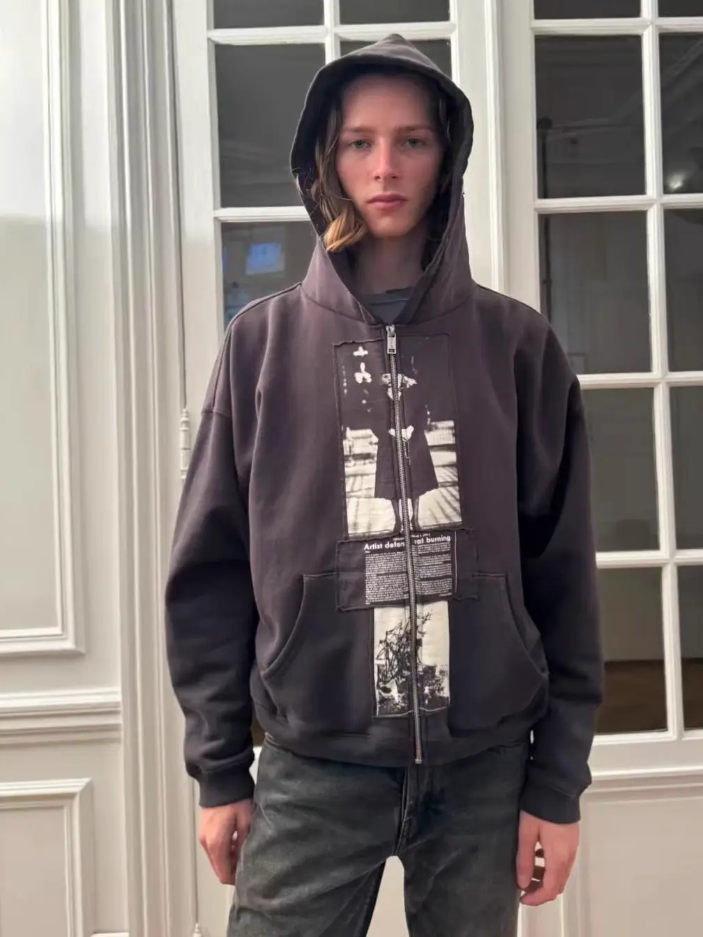 Erd Melancholic Rich Second-Generation American-Style Patchwork Zipper Distressed Portrait Hoodie Sweatshirt Unisex Jacket Trendy