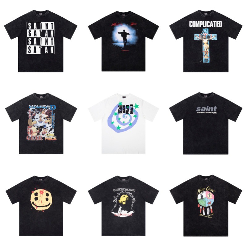 24SS Cross-border Fashion Brand Saint Hip Hop Heavy Washed Retro American High Street Couple Loose Short-sleeved T-shirt for Men and Women