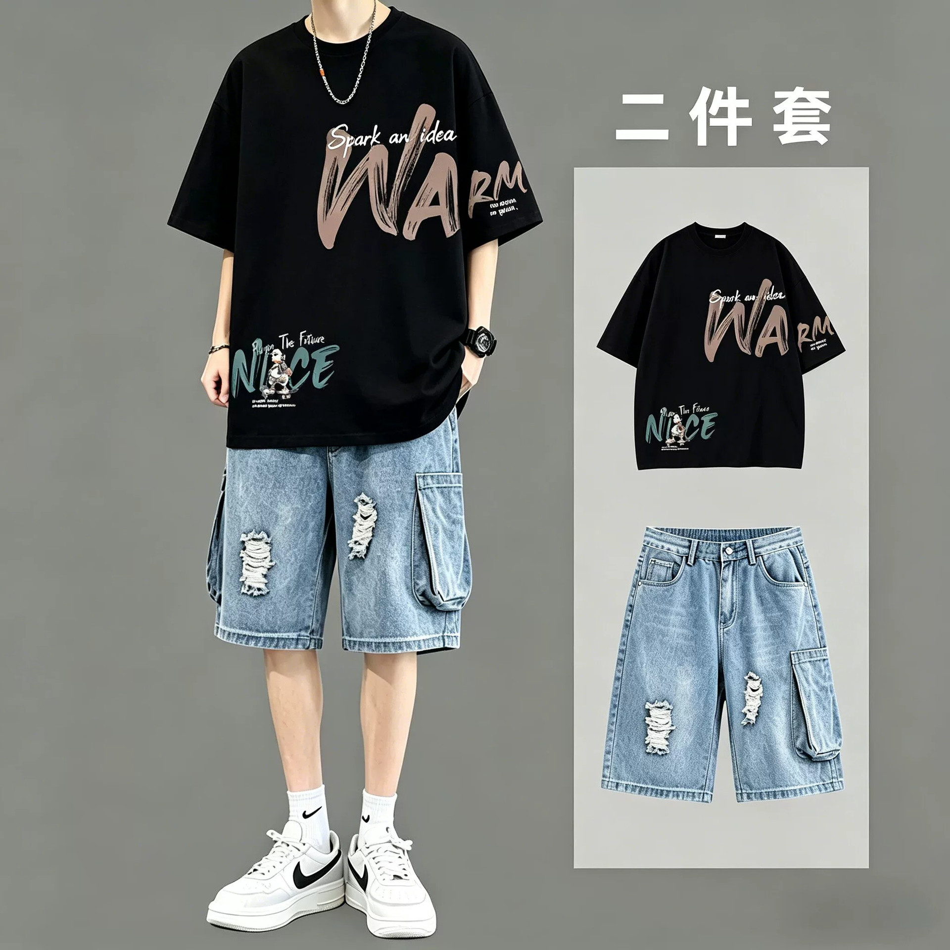 American-Style Casual Short-Sleeved Suit for Boys in Summer, Handsome T-Shirt for Teenagers, Trendy Two-Piece Set with Ripped Shorts