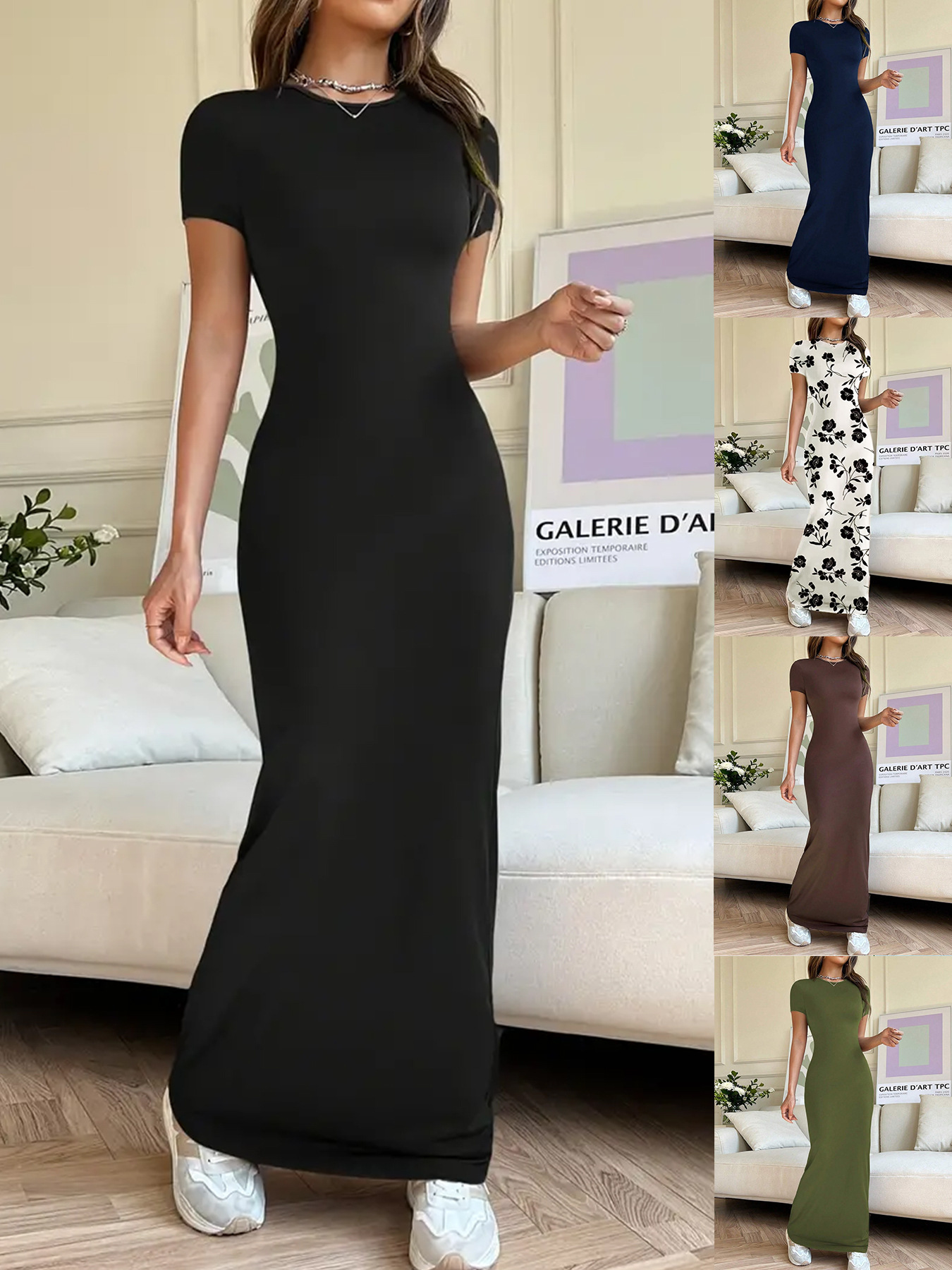 New Cross-Border Temu Amazon European and American Clothing 2025 Spring and Summer Export Pure Color Elegant Slim Short-Sleeved Dress