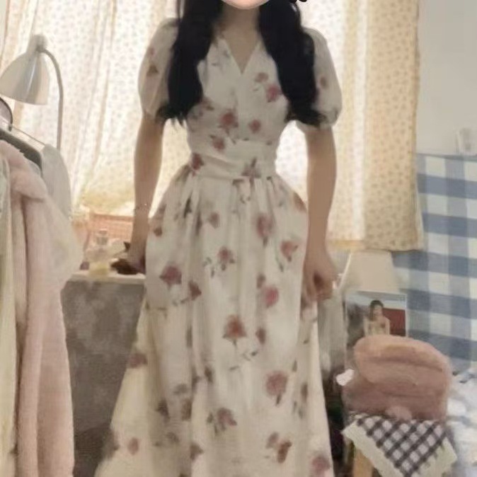 2025 Elegant Rose One-piece dress Summer Korean Style Simple Long Dress with Short Sleeve