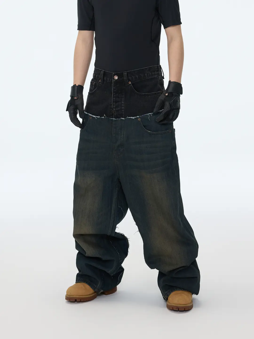 Astt 25Aw Double-Waist Patchwork Distressed Baggy Wide-Leg Floor-Length Extended Pants Low-Rise Denim Slouch Pants