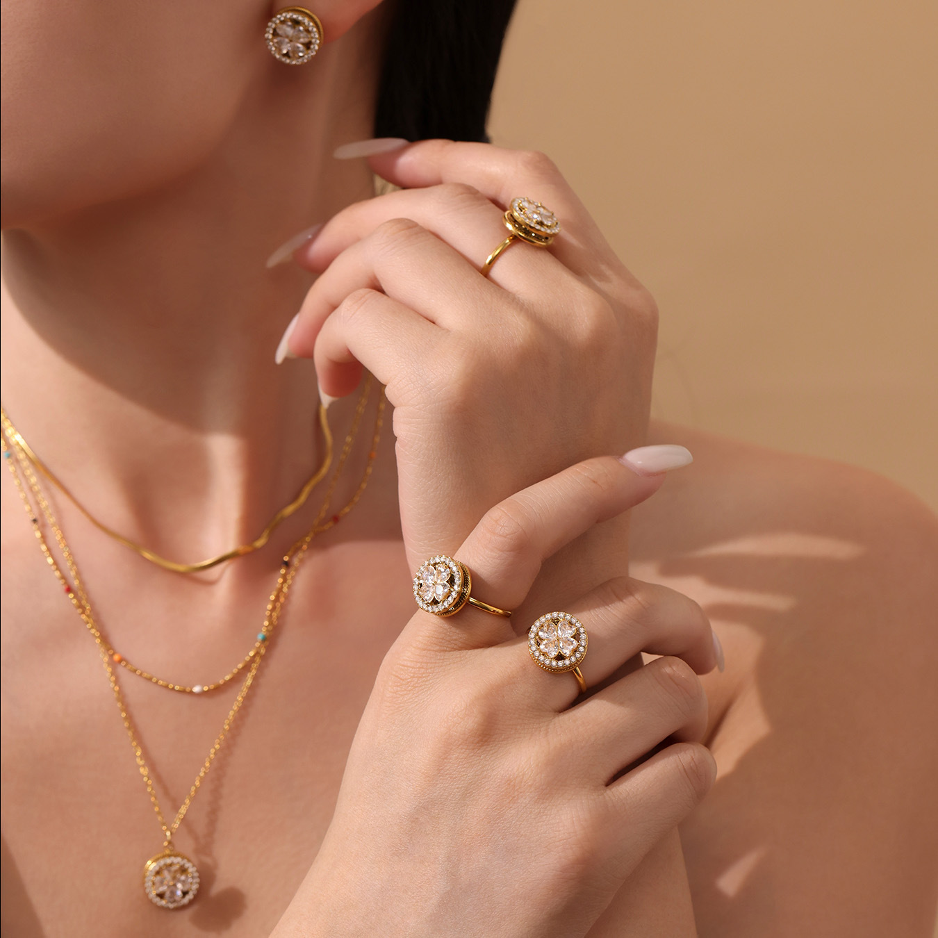 Dreamy 5A Zircon Rotating Heart Lucky Clover Bearing Jewelry Necklace Earrings Ring Set Exquisite High-End Jewelry