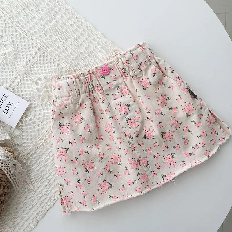 Girls' Summer Denim Short Skirt Baby's Western Style Children's Distinctive Trendy Korean Style Sweet Floral Fringed Princess Skirt