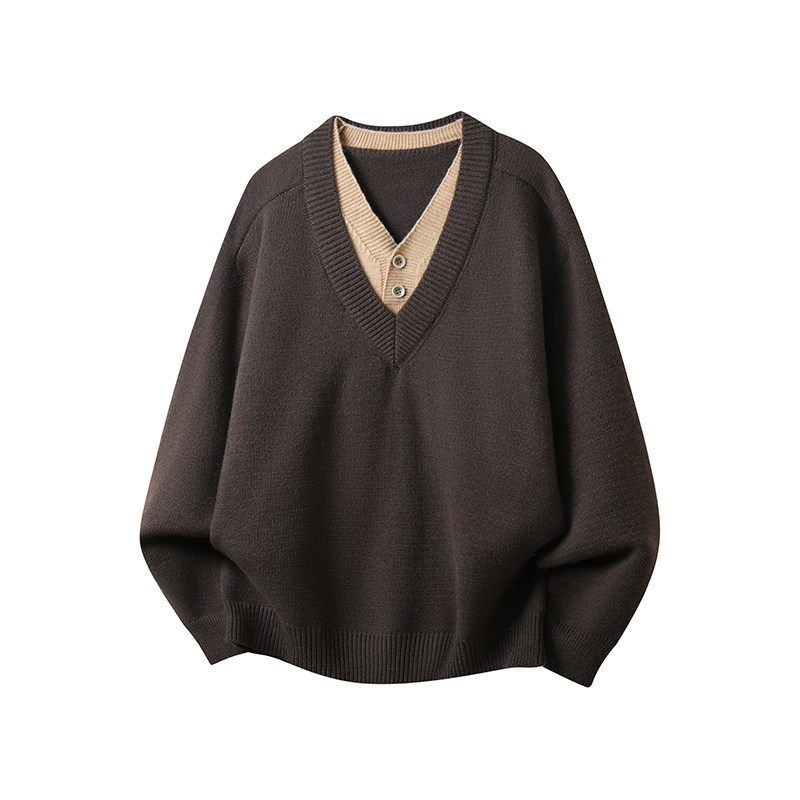 Old Money Style Fake Two-Piece V-Neck Sweater for Men, New Spring and Autumn Melard Knitwear, Retro Trendy Brand Couple's Jacket