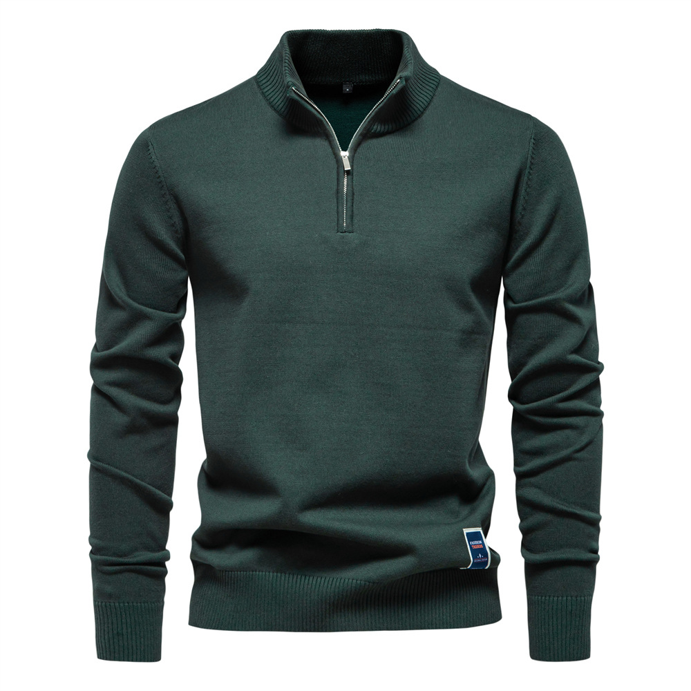 2024 New Pure Color Cotton Knitwear Cross-Border Export Men's Stand-Up Collar Half-Zip Slim Men's Knitwear Top