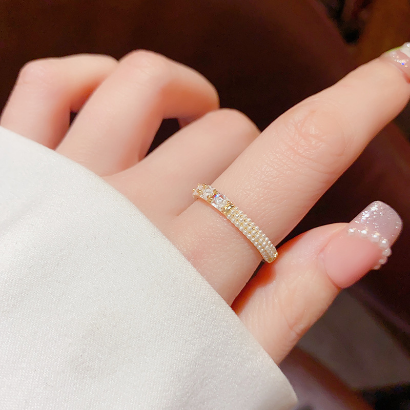 Korean Style Light Luxury Sweet Pearl Zircon Ring Women's High-end Sense Niche Design Sense Cute Personalized Fashion Hand Jewelry