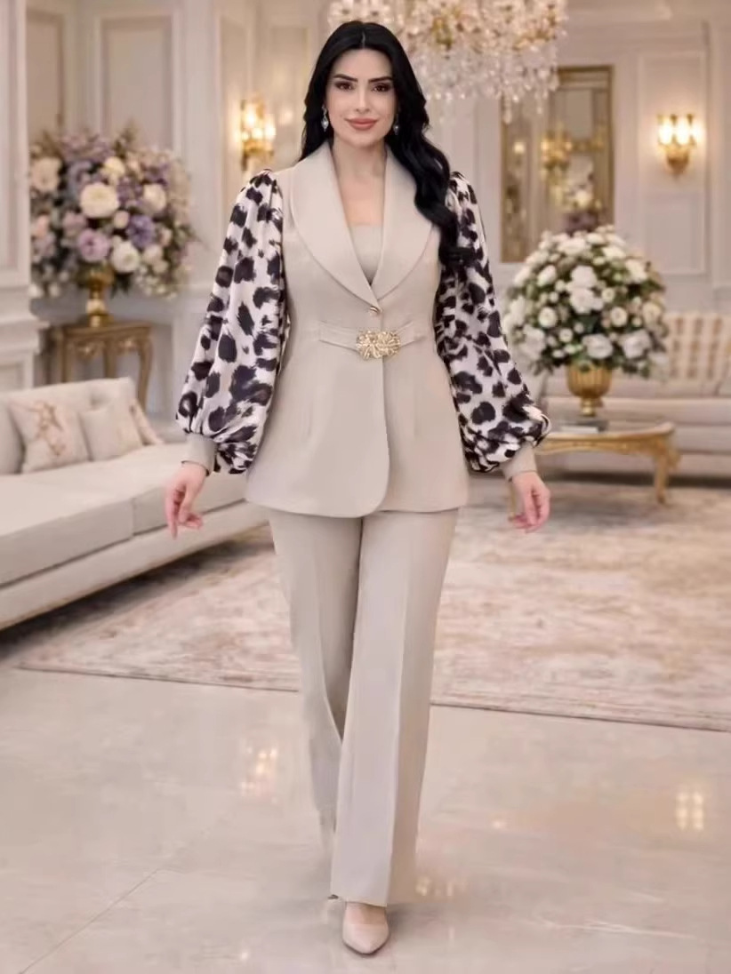 2026 European and American Amazon Cross-Border Foreign Trade New Leopard Print Patchwork Buttoned Blazer Straight-Leg Pants Casual Suit