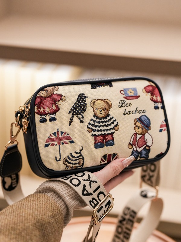 North Bag 2025 New Wide Shoulder Strap Bear Crossbody Bag Women's Mobile Phone Bag Cute Camera Cartoon Shoulder Small Square Bag