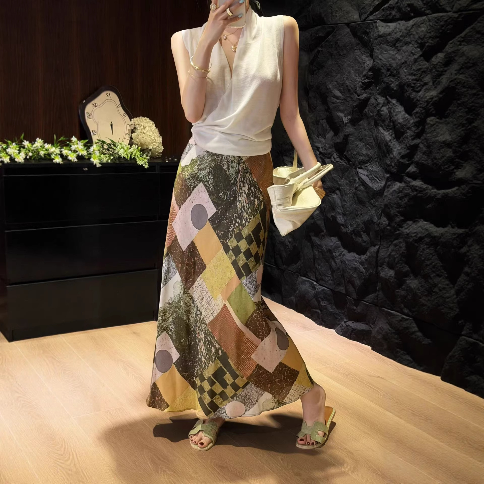 Nanyou 2026 Retro Elegant Acetate Printed Long Slit Mermaid Skirt with Elastic Waistband, Comfortable and Versatile Long Skirt