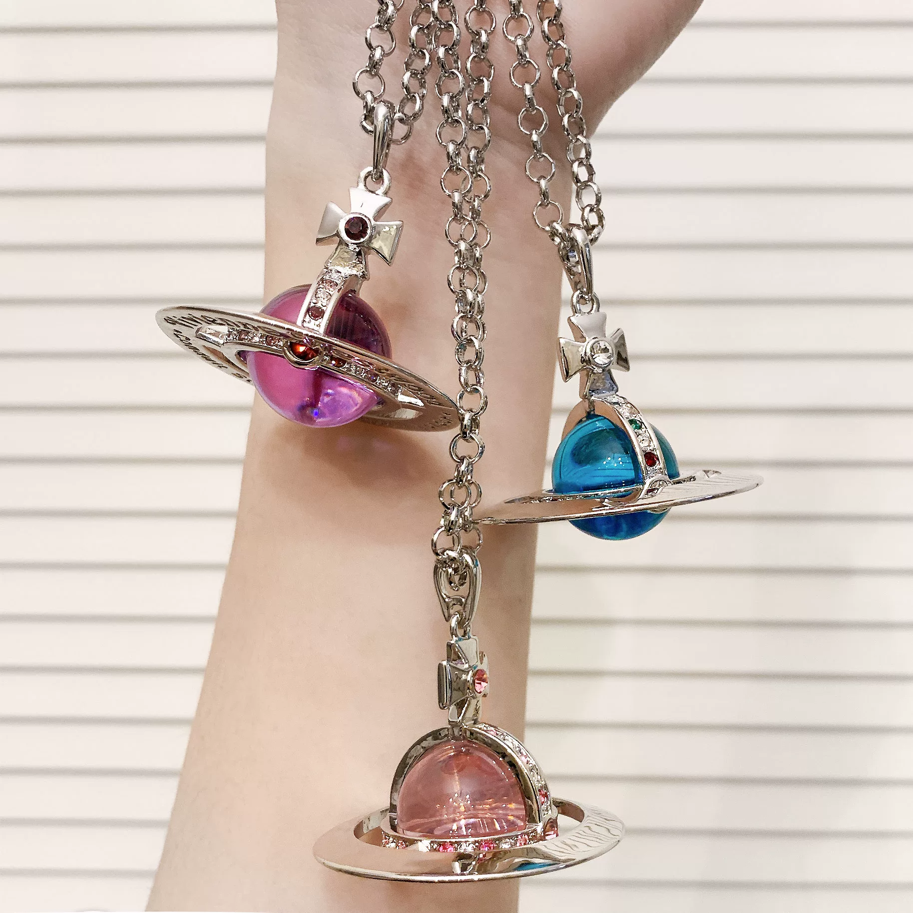 NANAPSPACE - Same Style Marking Advanced Edition Diamond Set Colored Glass Ball Saturn Large Sweater Chain Necklace UFO