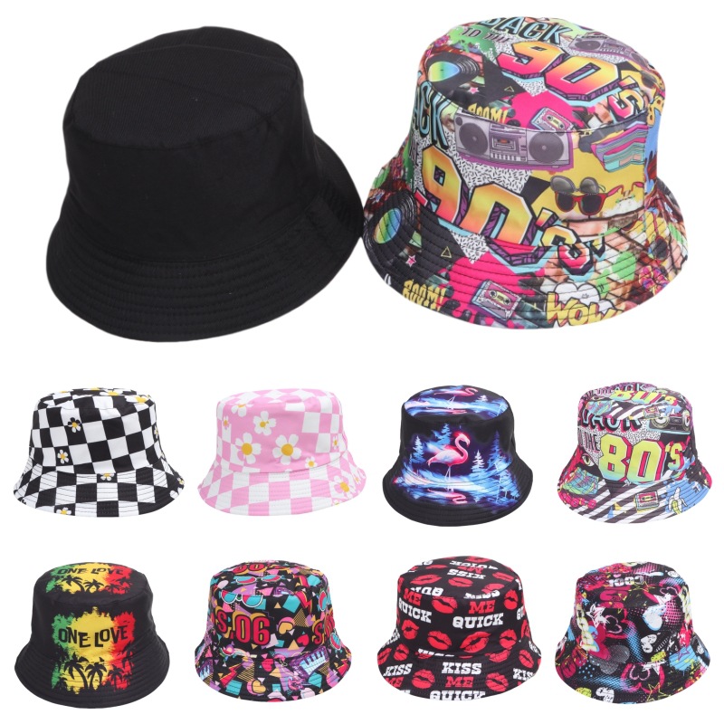 Cross-border retro printing 80S 90S fisherman hat European and American cartoon double-sided basin hat outdoor versatile sunscreen hat