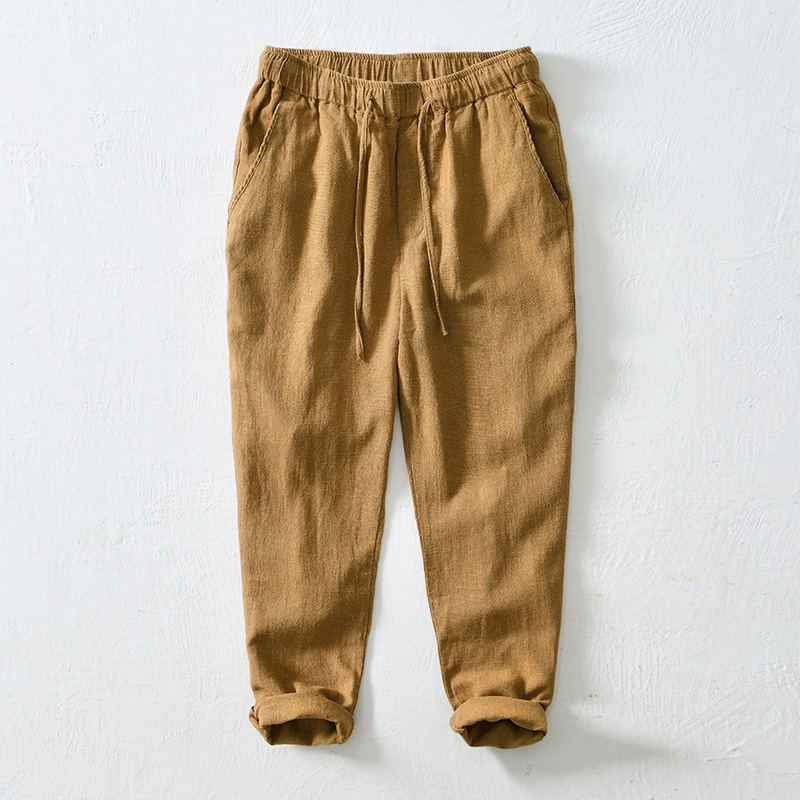 L8226 cotton and linen cropped pants thin drawstring elastic waist casual pants men's straight youth loose fashion pants