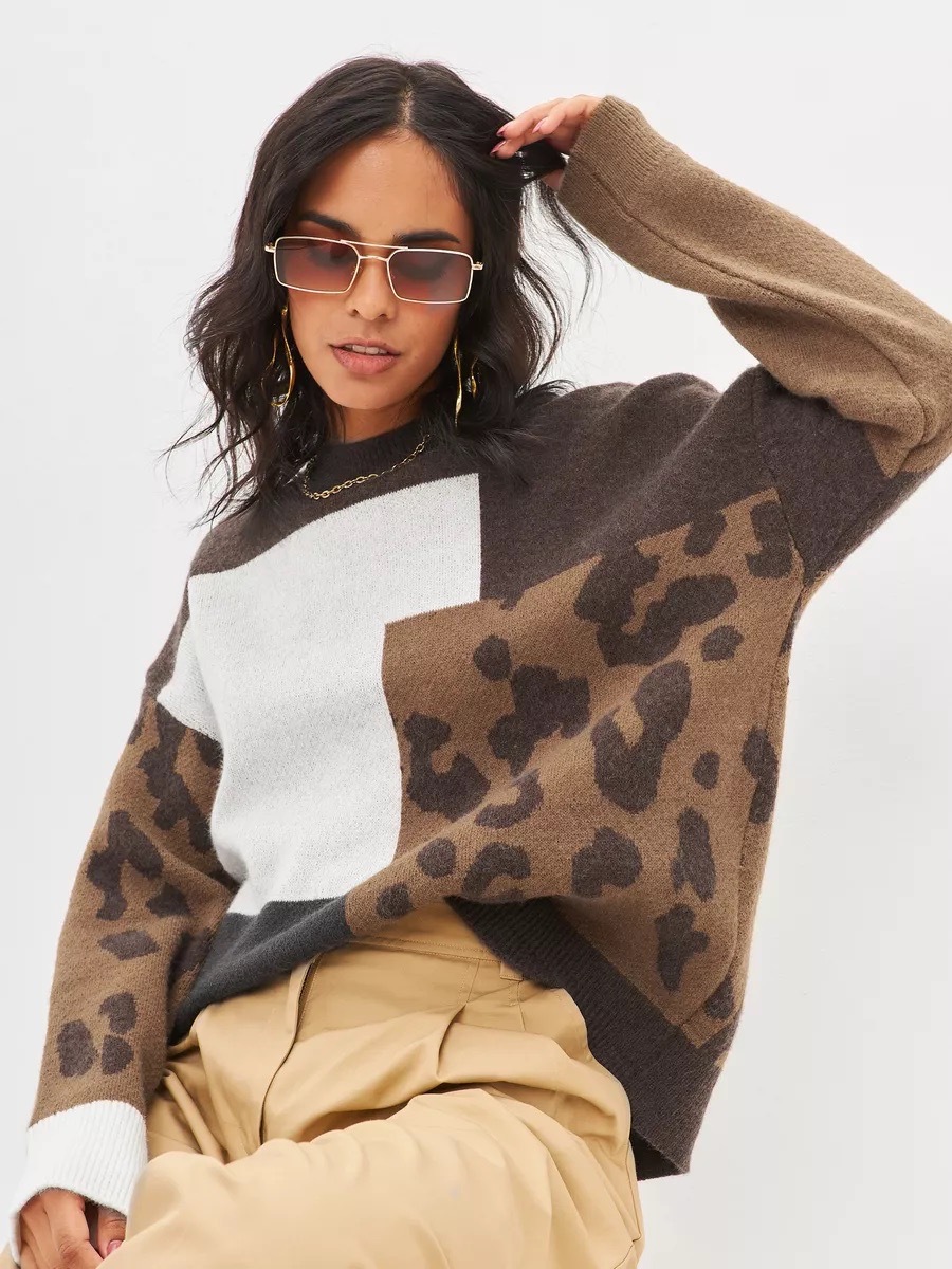 Cross-Border Sweater Women's Leopard Print Autumn and Winter New 2025 Retro Loose Outer Wear Lazy Style Knitted Elegant Pullover Top