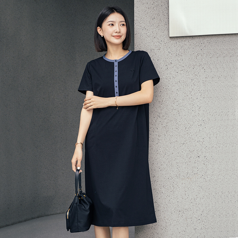 YUN Yun Summer Round Neck Loose plus size Women's Wear Tight Waist Slimming Mid-length dress Women's chubby girl Meat Covering Skirt