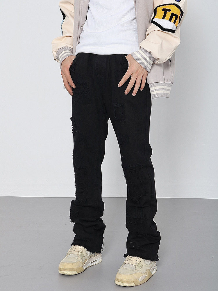 Vintage Straight-Leg Frayed Ripped Jeans for Men, American High Street Style, Black Flared Long Pants, Cleanfit Pants