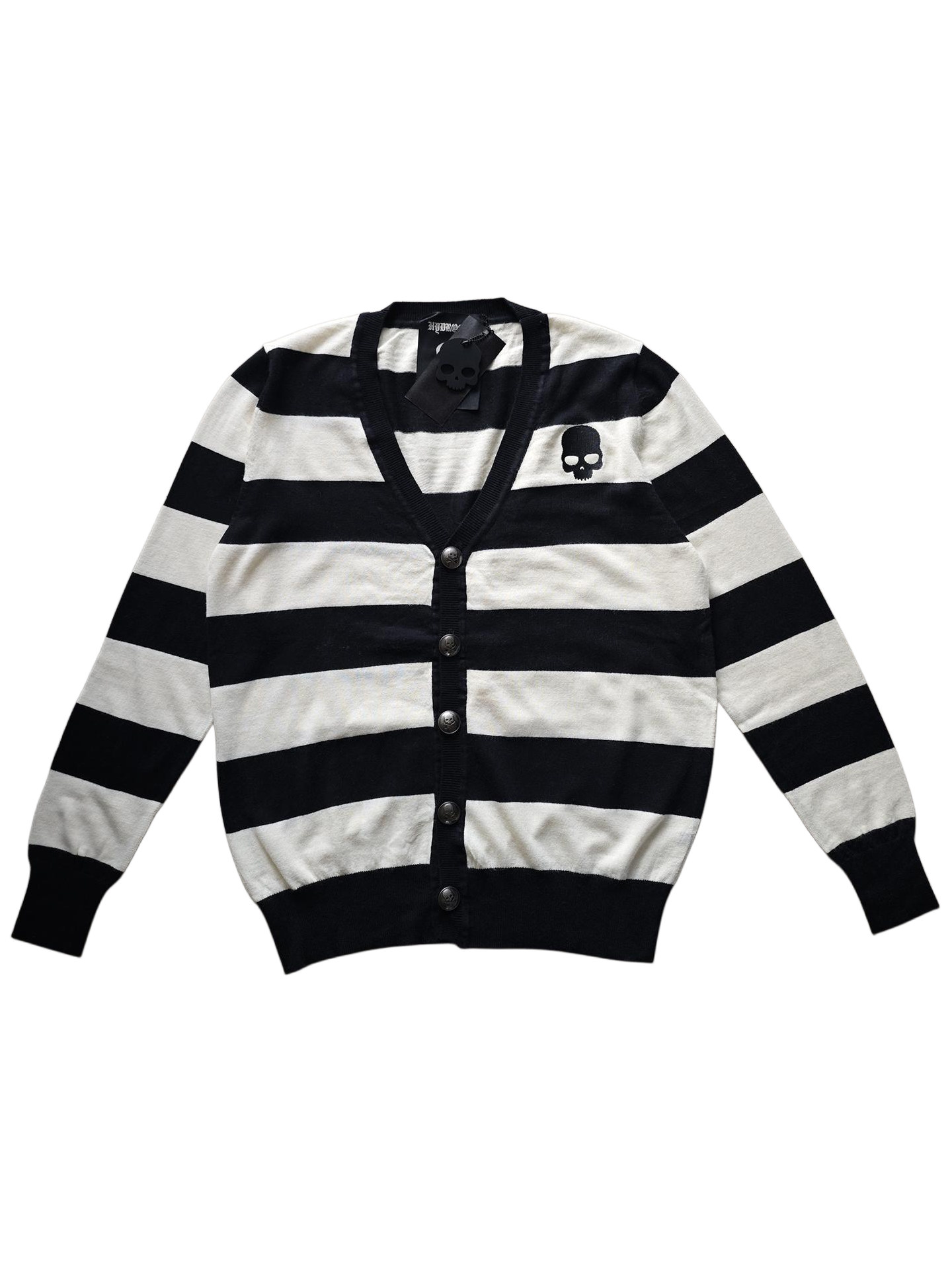Hydrogen Genuine Men's Cardigan Sweater Knitwear Skull Embroidery Trendy Embroidered Striped Thin Style for Early Spring Foto QC de TAOBAO na Qualit.ly