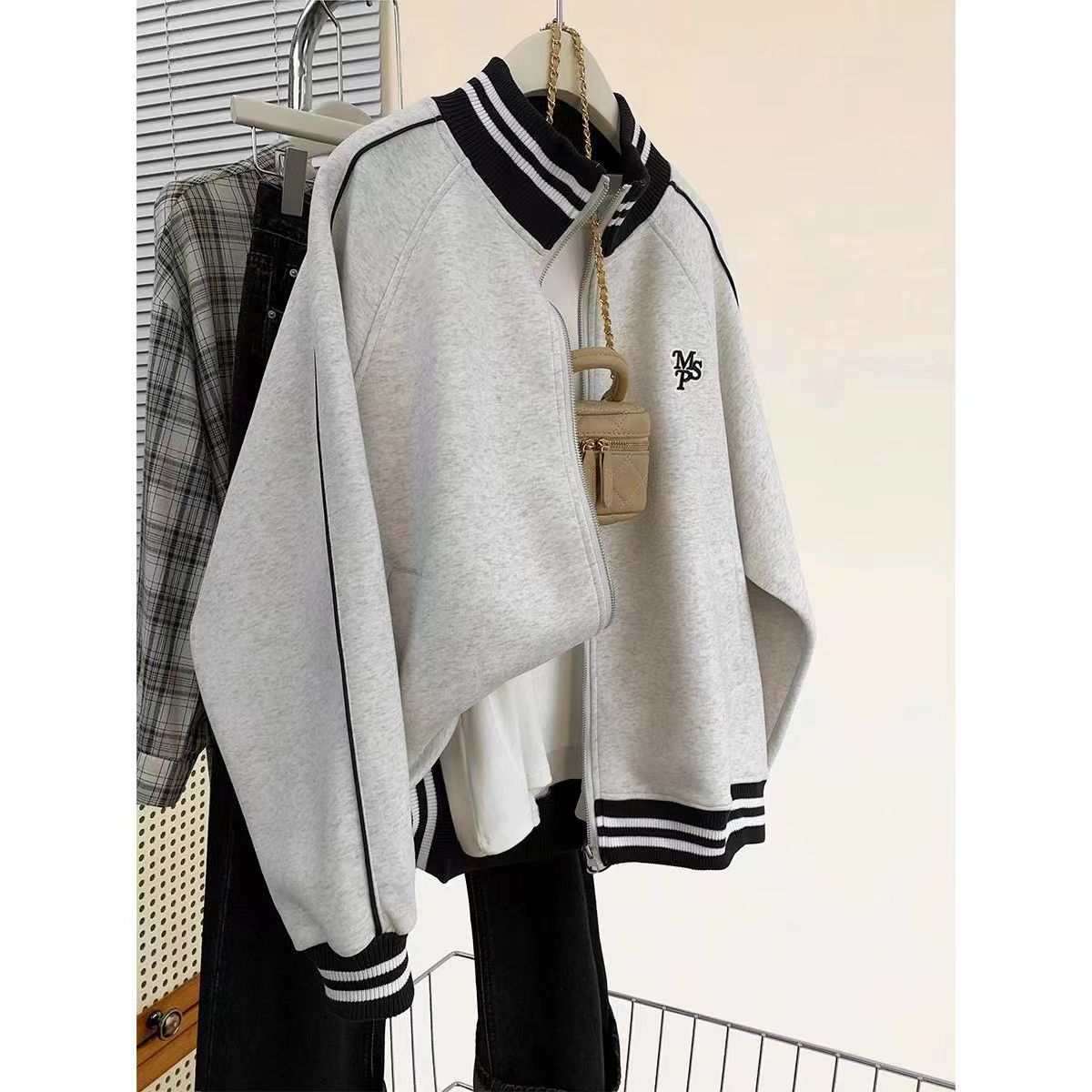 American Contrast Color Stand Collar Baseball Tops Women's Autumn and Winter 2024 New Sweater Early Autumn Cardigan Tops Loose Top