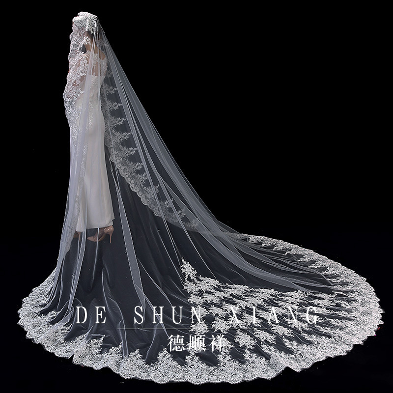 Bridal Wedding Veil European and American Long Trailing 3m Wide Soft Mesh Lace Wedding Veil Accessories