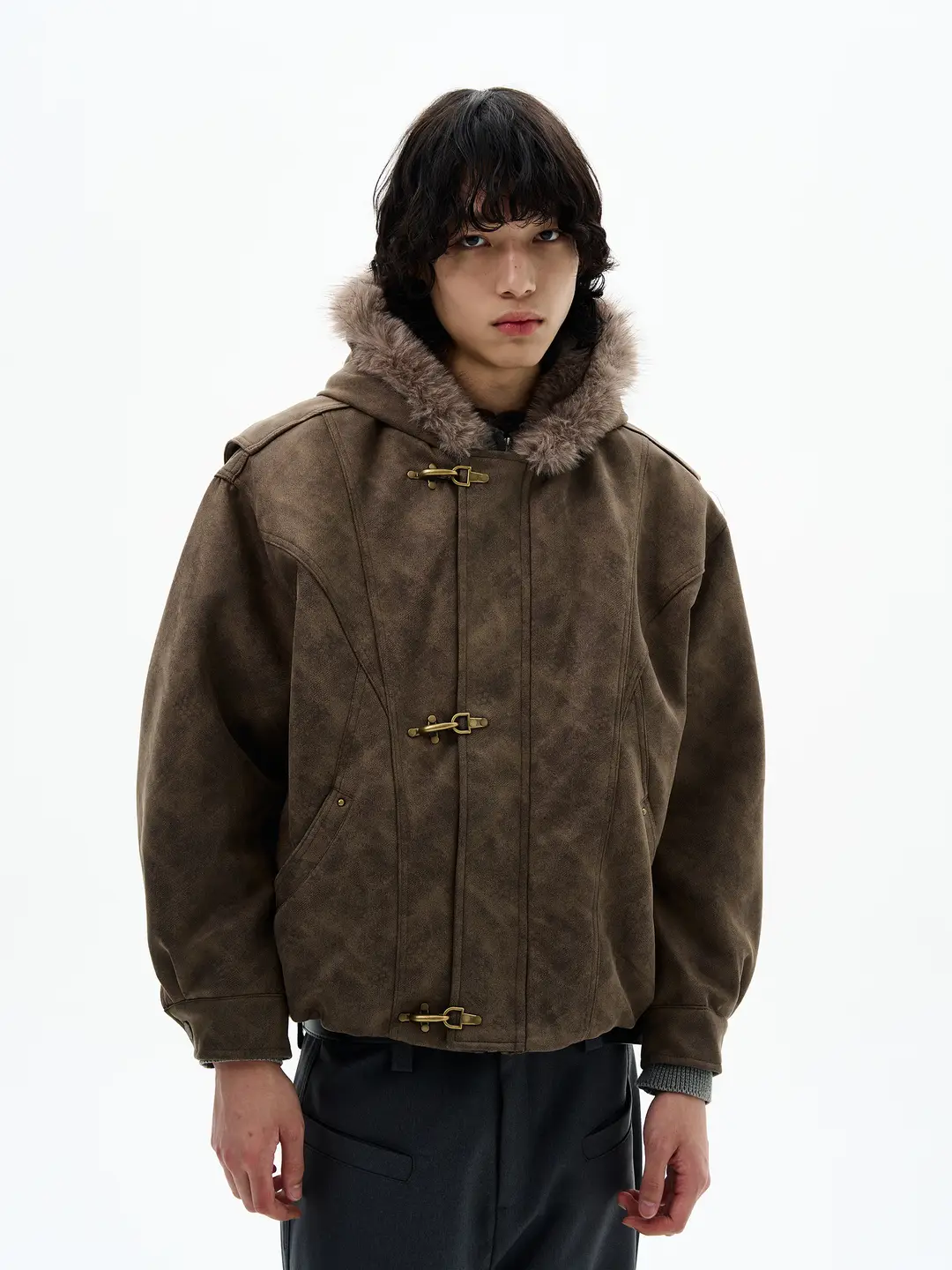 Brown Aviator Buckle Fur Collar Leather Jacket