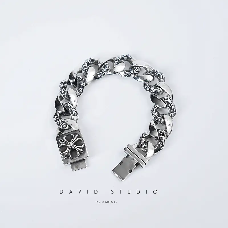 David Studio925 Sterling Silver Single Cross Insert Cross Flower Bracelet Men's Wangfeng Same Style Punk