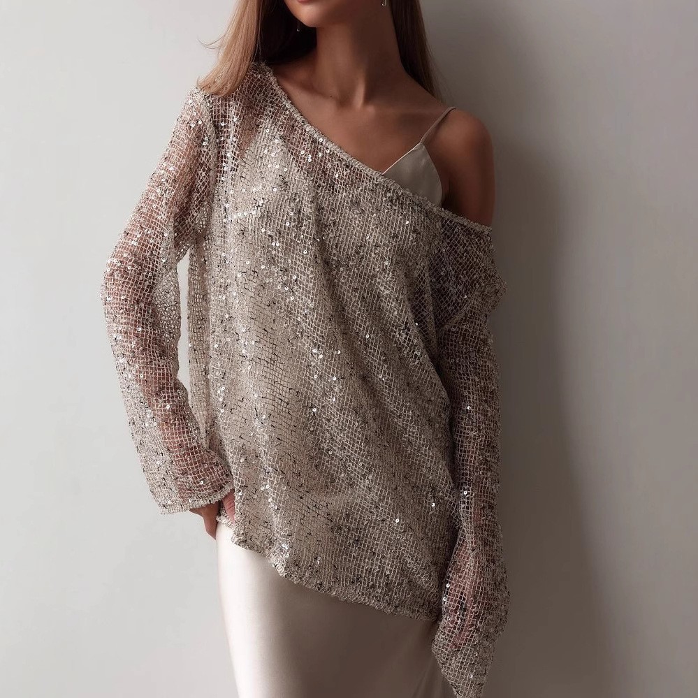 2025 New European and American Amazon Long-Sleeved Urban Casual Color Cut Out Loose Pullover Sequin Top for Women