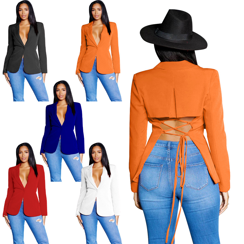 K10600 European and American Cross-Border Fashion Women's Clothing Amazon Hot Style Sexy V Neck Small Suit Pure Color Long-Sleeved Top New