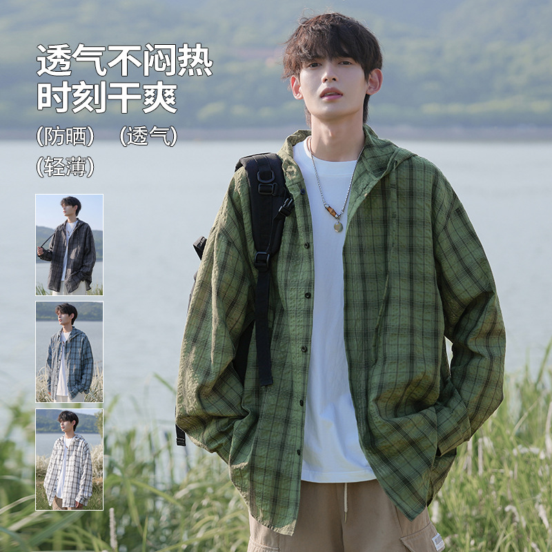 Long-Sleeved Hooded Plaid Sun Protection Shirt for Men and Women, Spring and Summer Retro Casual Lazy Couple Shirt Jacket Plus Size